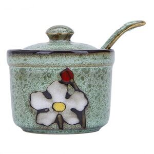 Artistic Green Ceramic Sugar Bowl with Lid and Spoon